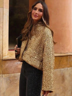 Women's Sequin Party Bomber – Gold Sparkle Zip Front Jacket