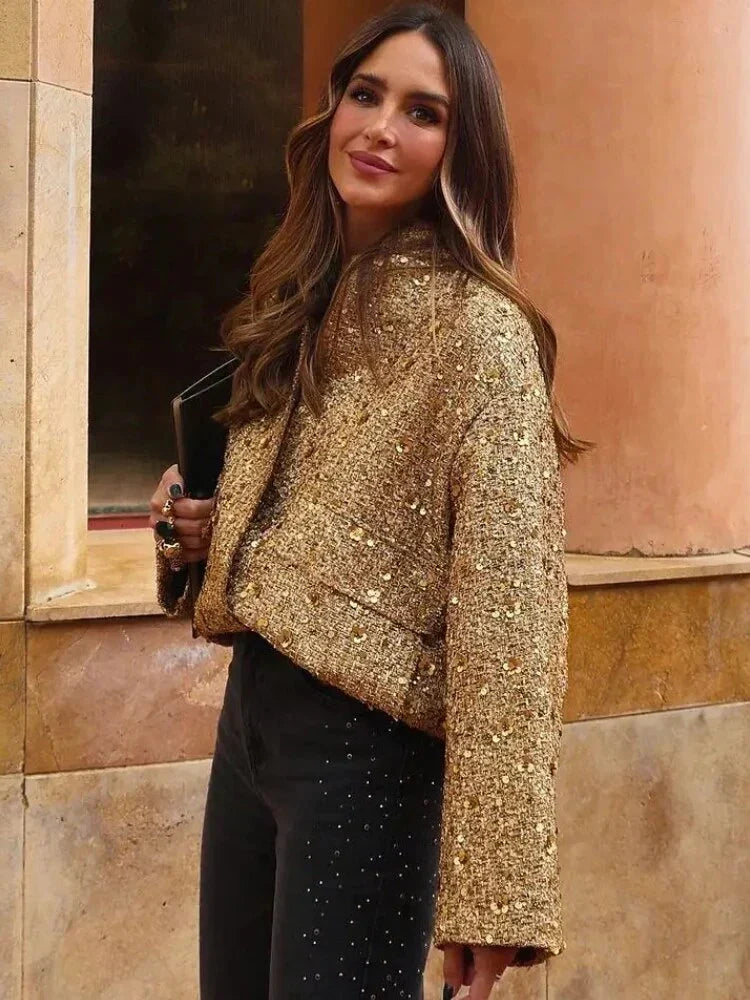 Women's Sequin Party Bomber – Gold Sparkle Zip Front Jacket