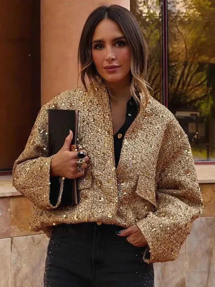 Women's Sequin Party Bomber – Gold Sparkle Zip Front Jacket