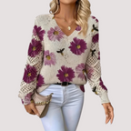 Women's Floral V-Neck Sweater – Lightweight Flower Knit Pullover