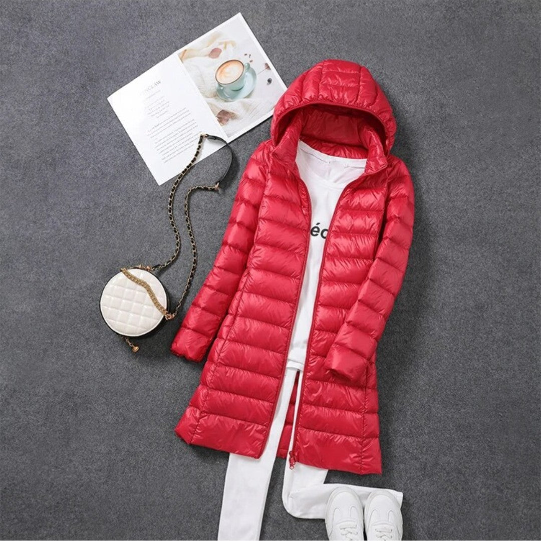 Women's Longline Puffer Coat – Lightweight Removable Hood Jacket