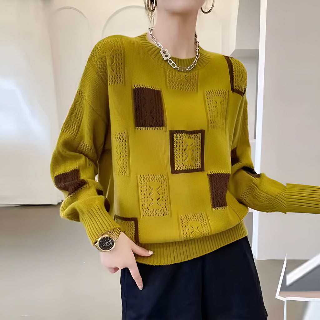 Women's Patterned Patchwork Sweater – Contrast Long Sleeve Knit Pullover