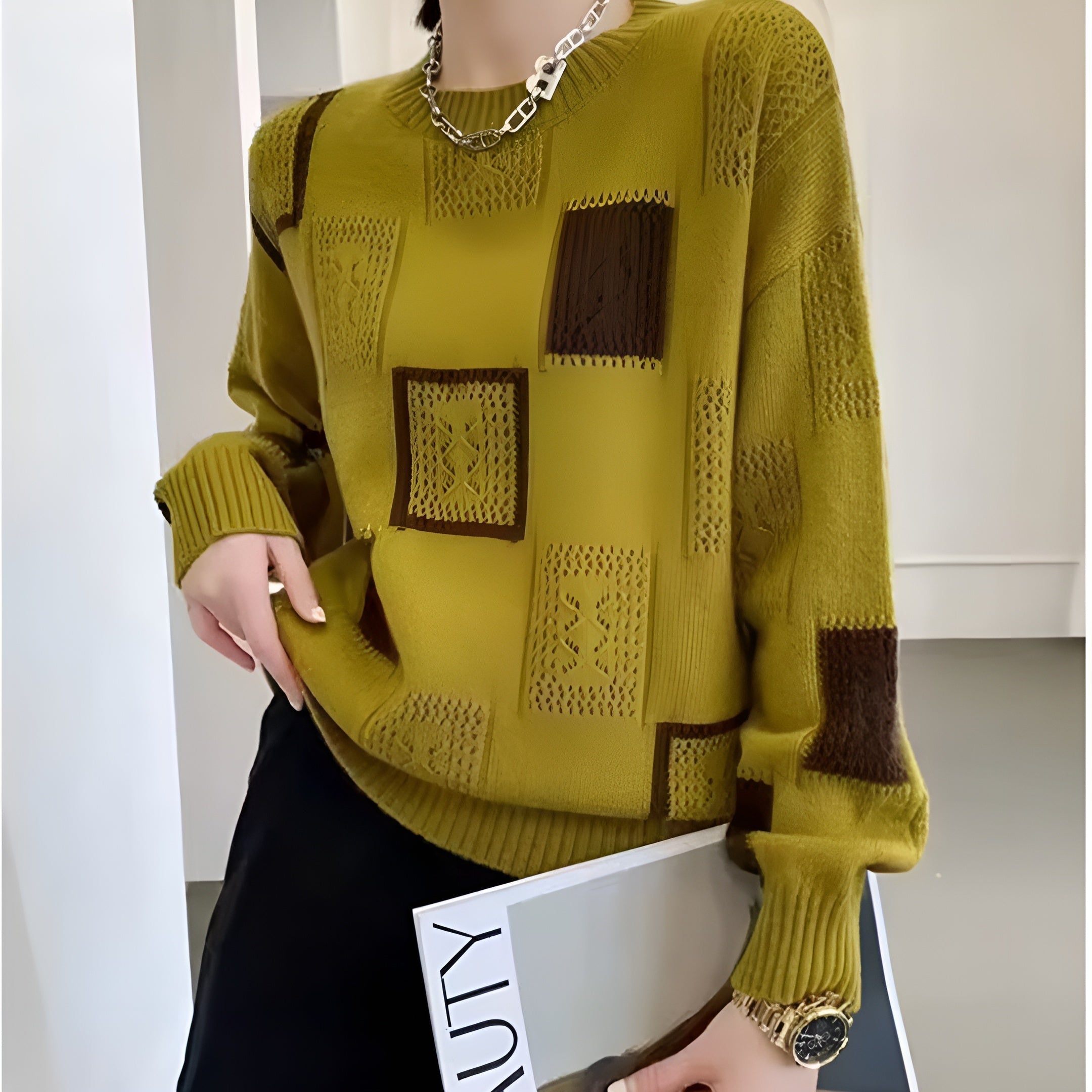 Women's Patterned Patchwork Sweater – Contrast Long Sleeve Knit Pullover