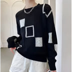Women's Patterned Patchwork Sweater – Contrast Long Sleeve Knit Pullover