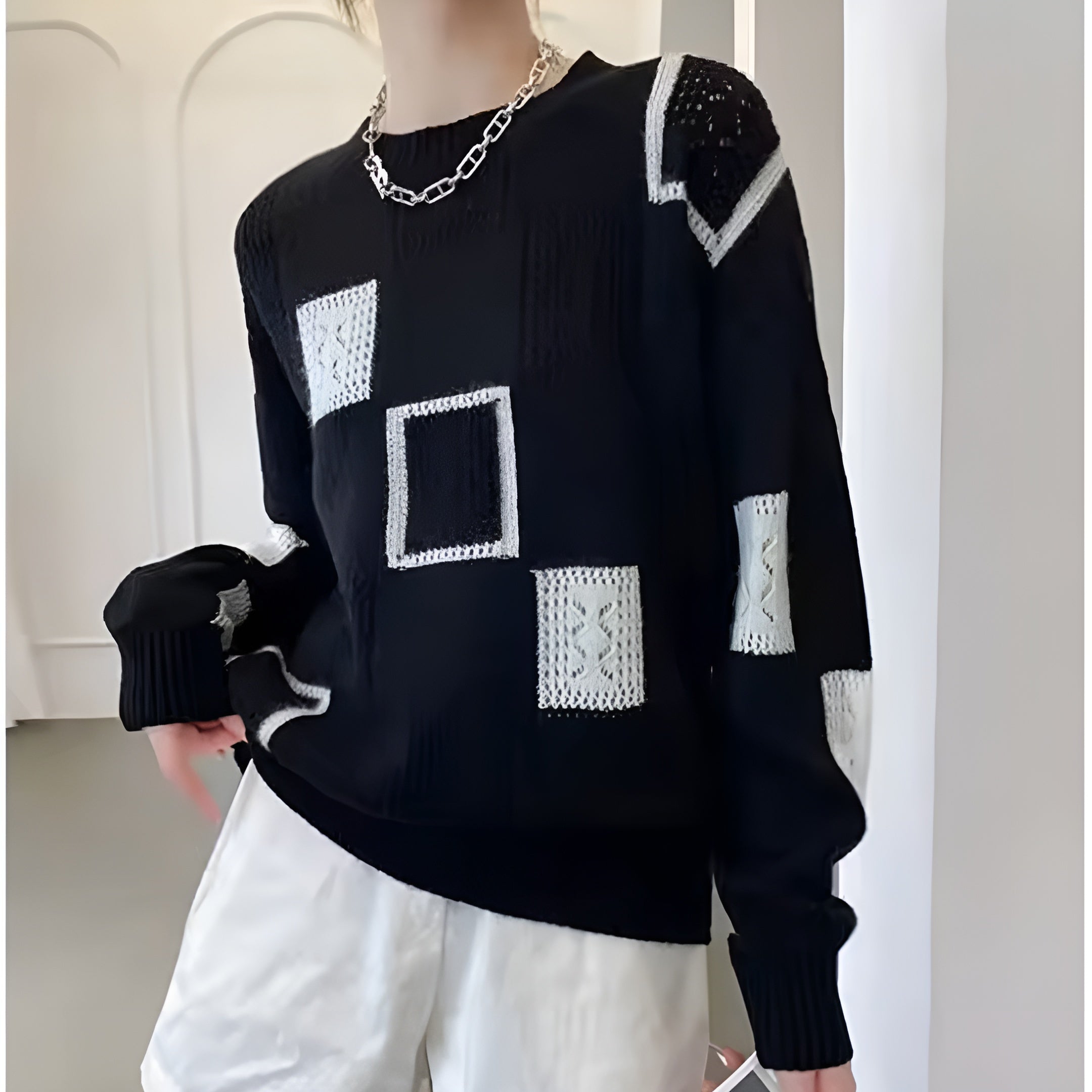 Women's Patterned Patchwork Sweater – Contrast Long Sleeve Knit Pullover