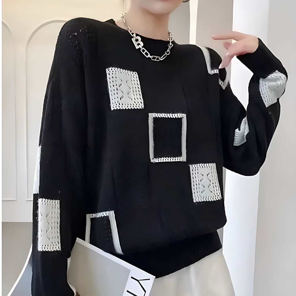 Women's Patterned Patchwork Sweater – Contrast Long Sleeve Knit Pullover