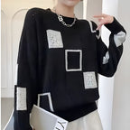 Women's Patterned Patchwork Sweater – Contrast Long Sleeve Knit Pullover