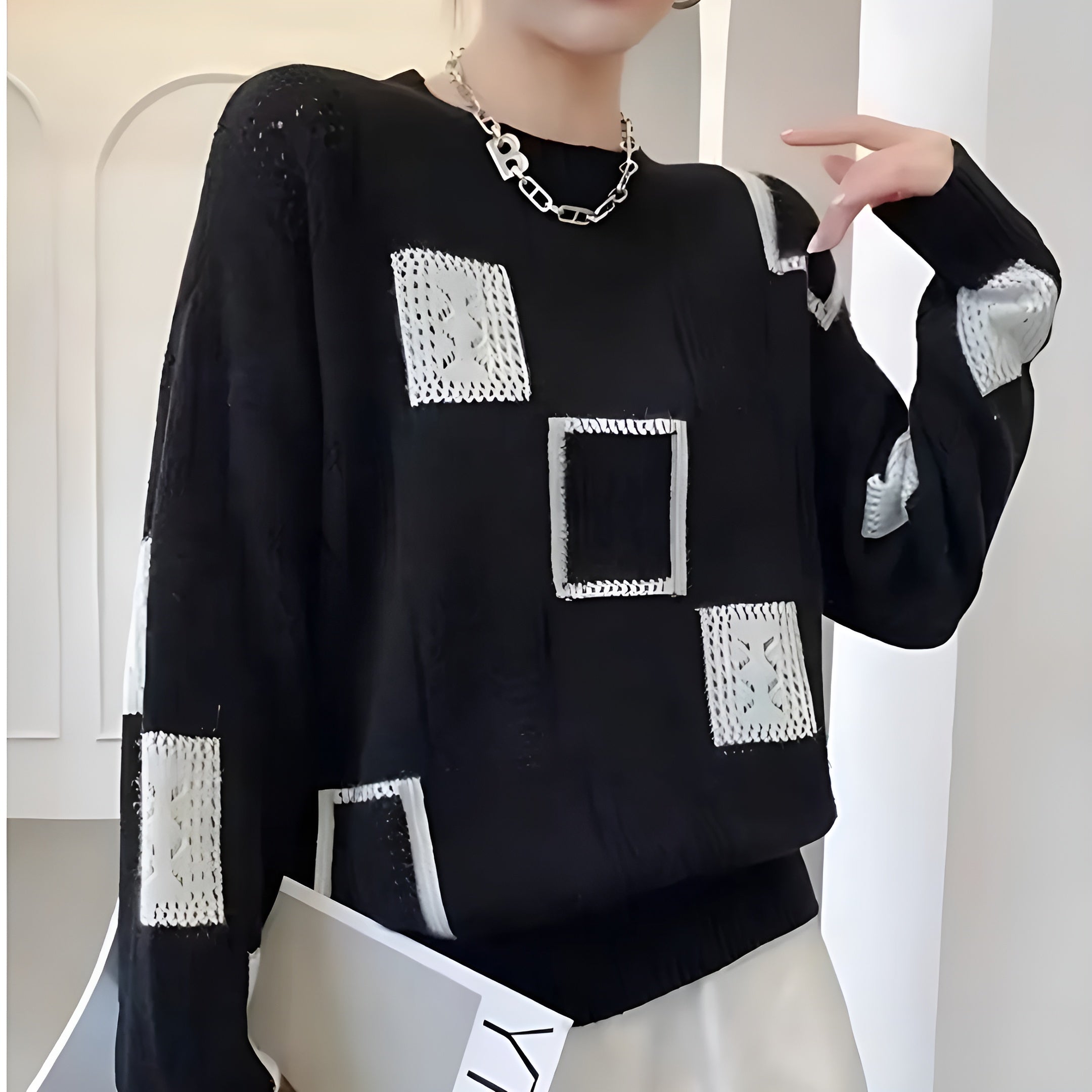 Women's Patterned Patchwork Sweater – Contrast Long Sleeve Knit Pullover