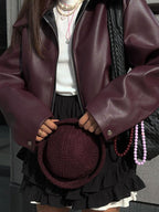 Women's Burgundy Biker Jacket – Leather Look Zip Front Moto Jacket