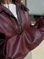 Women's Burgundy Biker Jacket – Leather Look Zip Front Moto Jacket