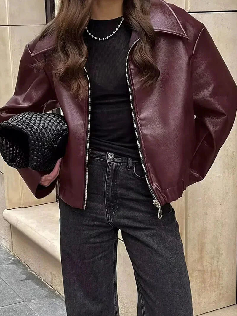 Women's Burgundy Biker Jacket – Leather Look Zip Front Moto Jacket