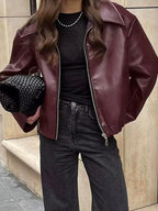 Women's Burgundy Biker Jacket – Leather Look Zip Front Moto Jacket