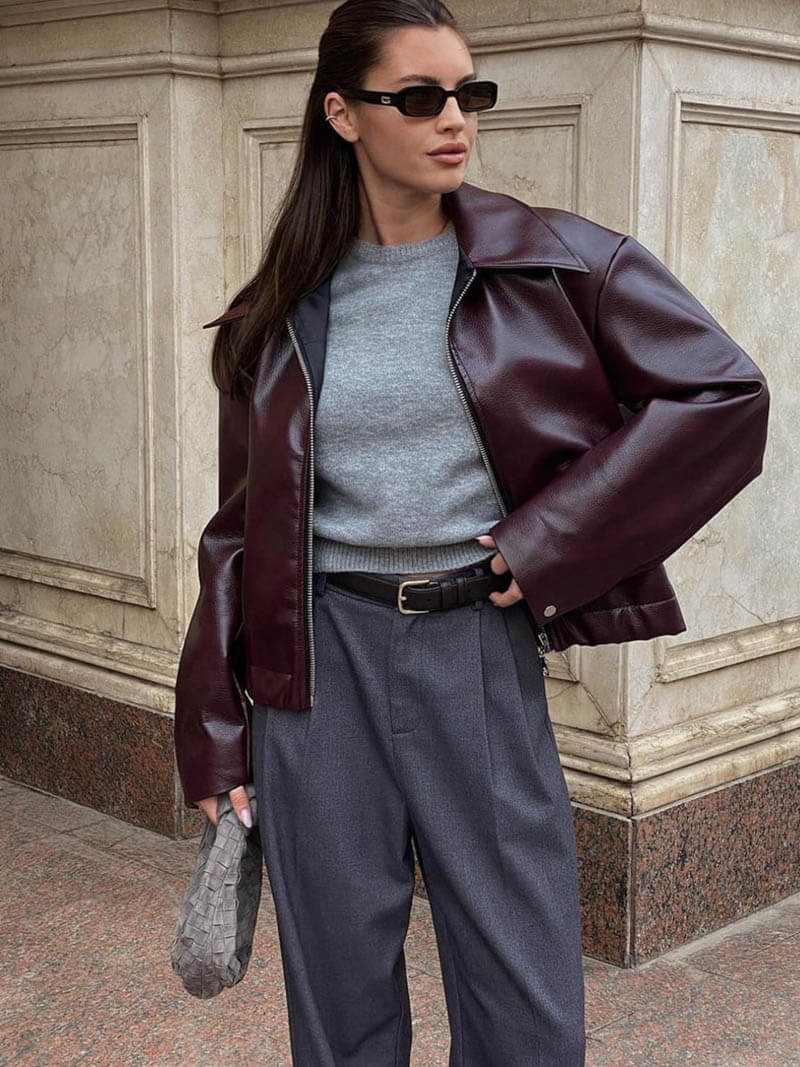 Women's Burgundy Biker Jacket – Leather Look Zip Front Moto Jacket