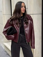 Women's Burgundy Biker Jacket – Leather Look Zip Front Moto Jacket