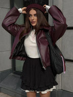 Women's Burgundy Biker Jacket – Leather Look Zip Front Moto Jacket