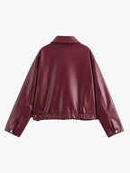 Women's Burgundy Biker Jacket – Leather Look Zip Front Moto Jacket