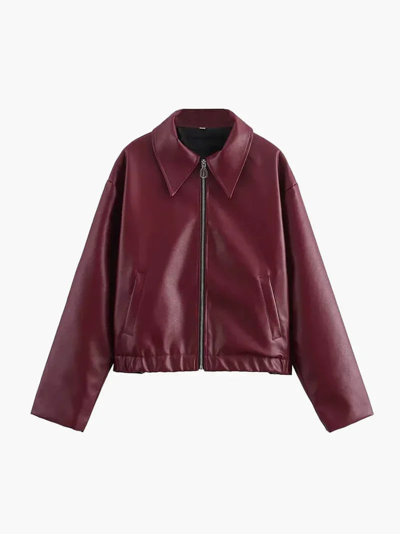 Women's Burgundy Biker Jacket – Leather Look Zip Front Moto Jacket