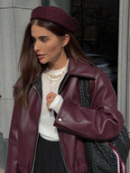Women's Burgundy Biker Jacket – Leather Look Zip Front Moto Jacket