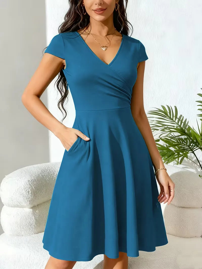 Women's V-Neck A-Line Dress – Short Sleeve Knee Length Pocket Dress