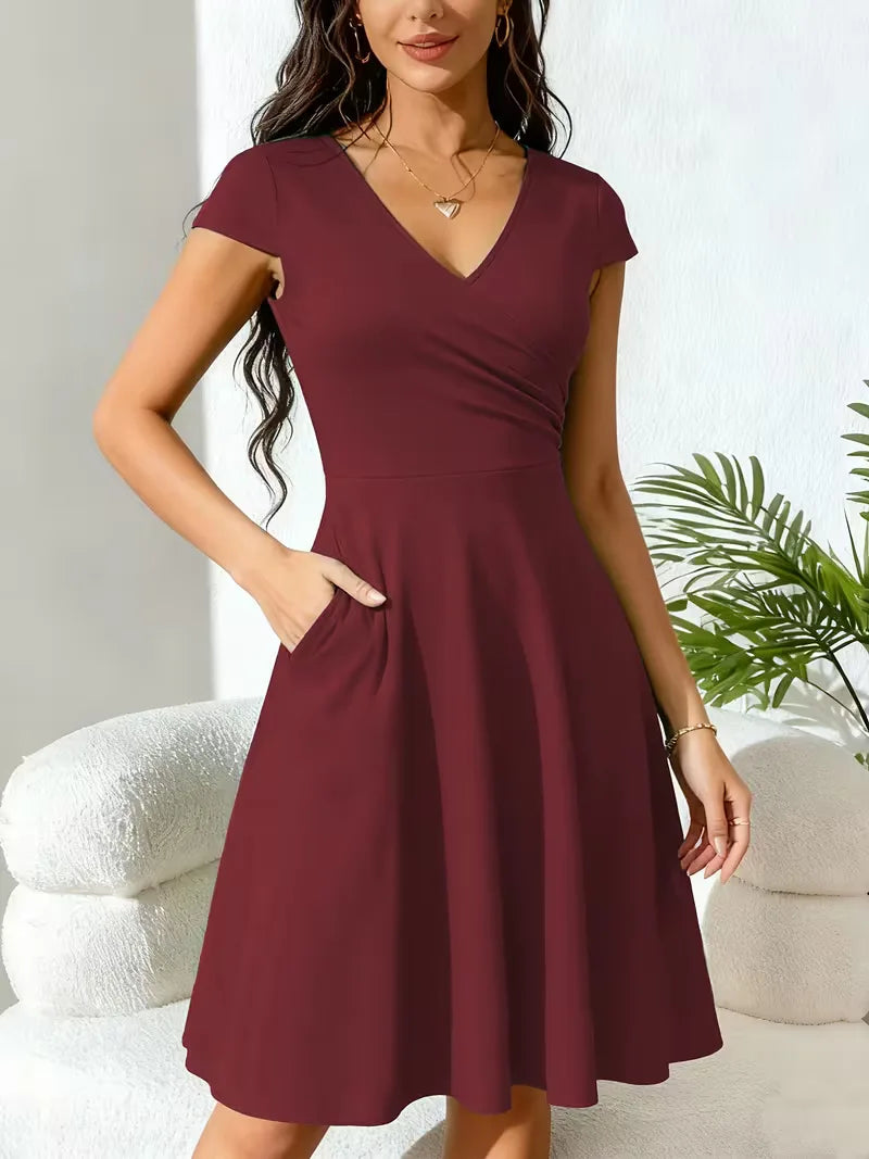 Women's V-Neck A-Line Dress – Short Sleeve Knee Length Pocket Dress