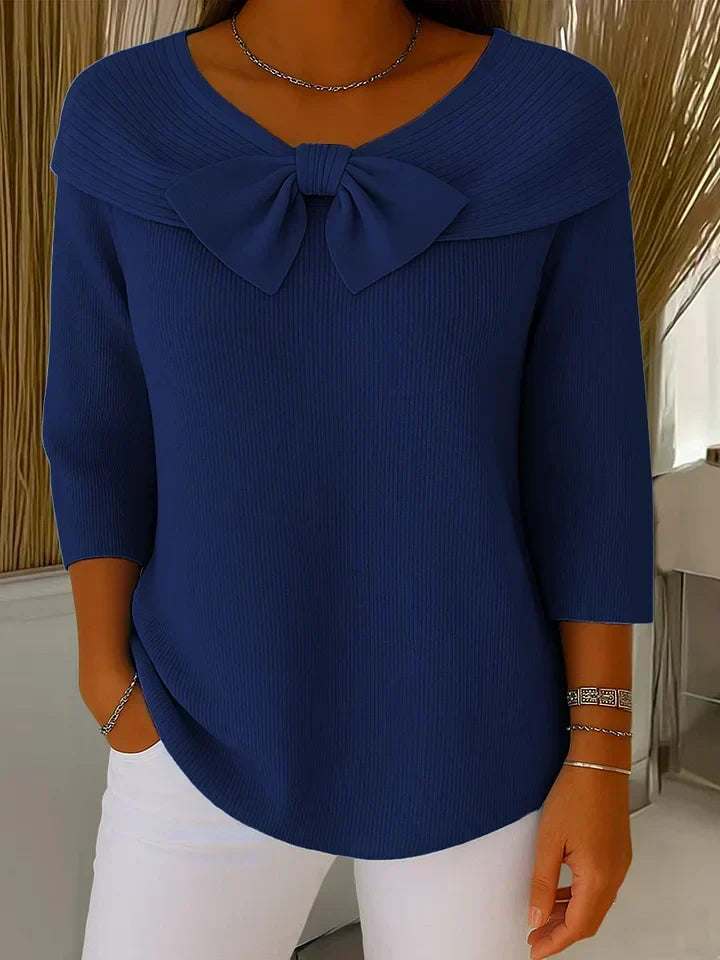 Women's Bow Neck Knit Top – Fitted Long Sleeve Dressy Sweater Top