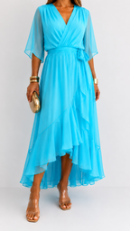 Women's V-Neck Wrap Dress – Tie Waist Flowy Occasion Dress