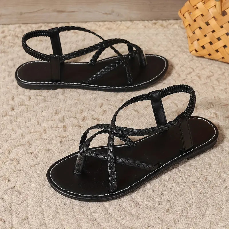 Women's Flat Sandals with Braided Straps and Cutout Design