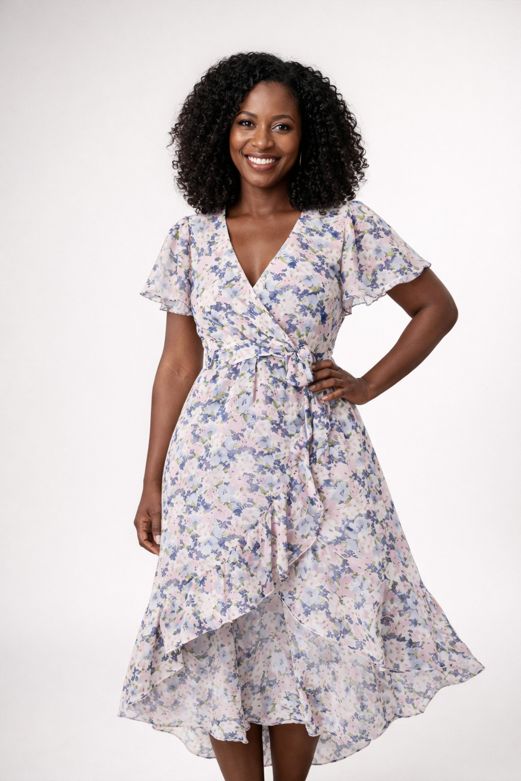 Women's Floral Midi Dress – Wrap V-Neck Dress