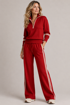 Women's Half-Zip Lounge Set – Wide Leg Pants Set