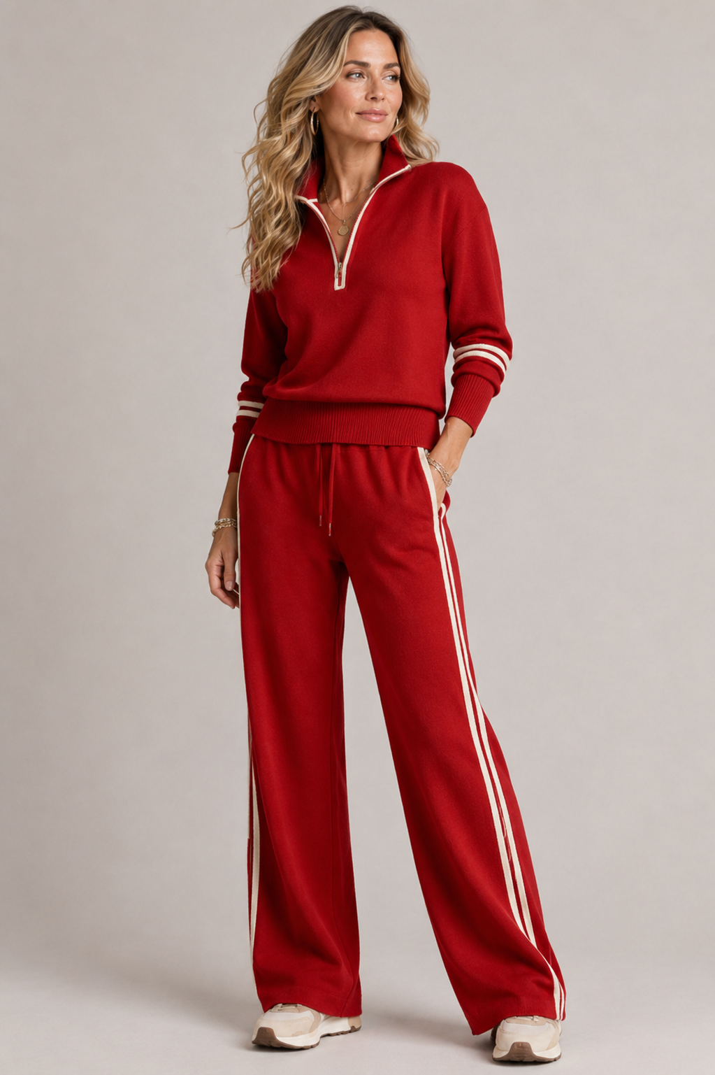 Women's Half-Zip Lounge Set – Wide Leg Pants Set