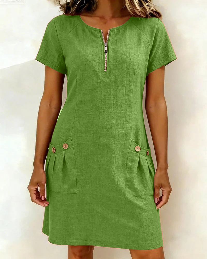 Women's A-Line Pocket Midi Dress – Short Sleeve Flowy Day Dress