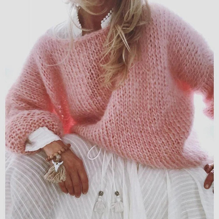 Women's Plush Oversized Sweater – Relaxed Crew Neck Knit Pullover