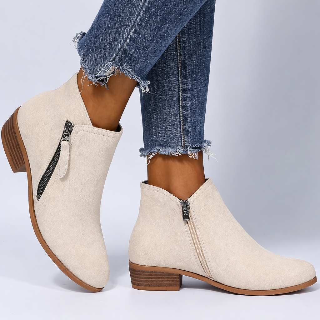 Women’s Classic Ankle Boots – Side Zip Low Heel Style - Mona