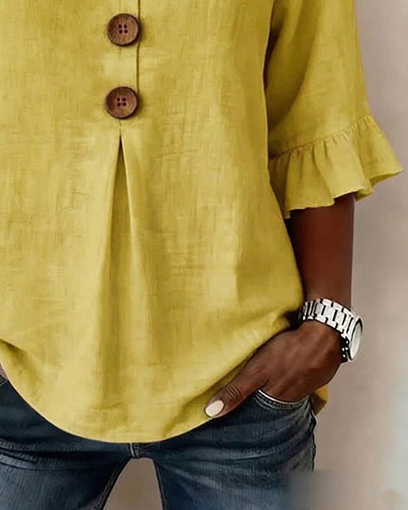 Women's Ruffle Front Blouse – Button Detail Flowy Long Sleeve Blouse