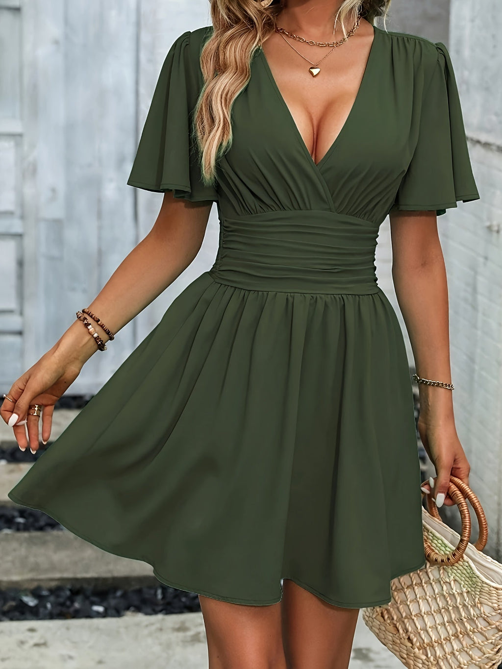 Women's V-Neck Midi Dress – Gathered Waist Dress – Winslet