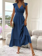 Women's V-Neck Tiered Maxi Dress – Short Sleeve Smocked Waist Evening Dress