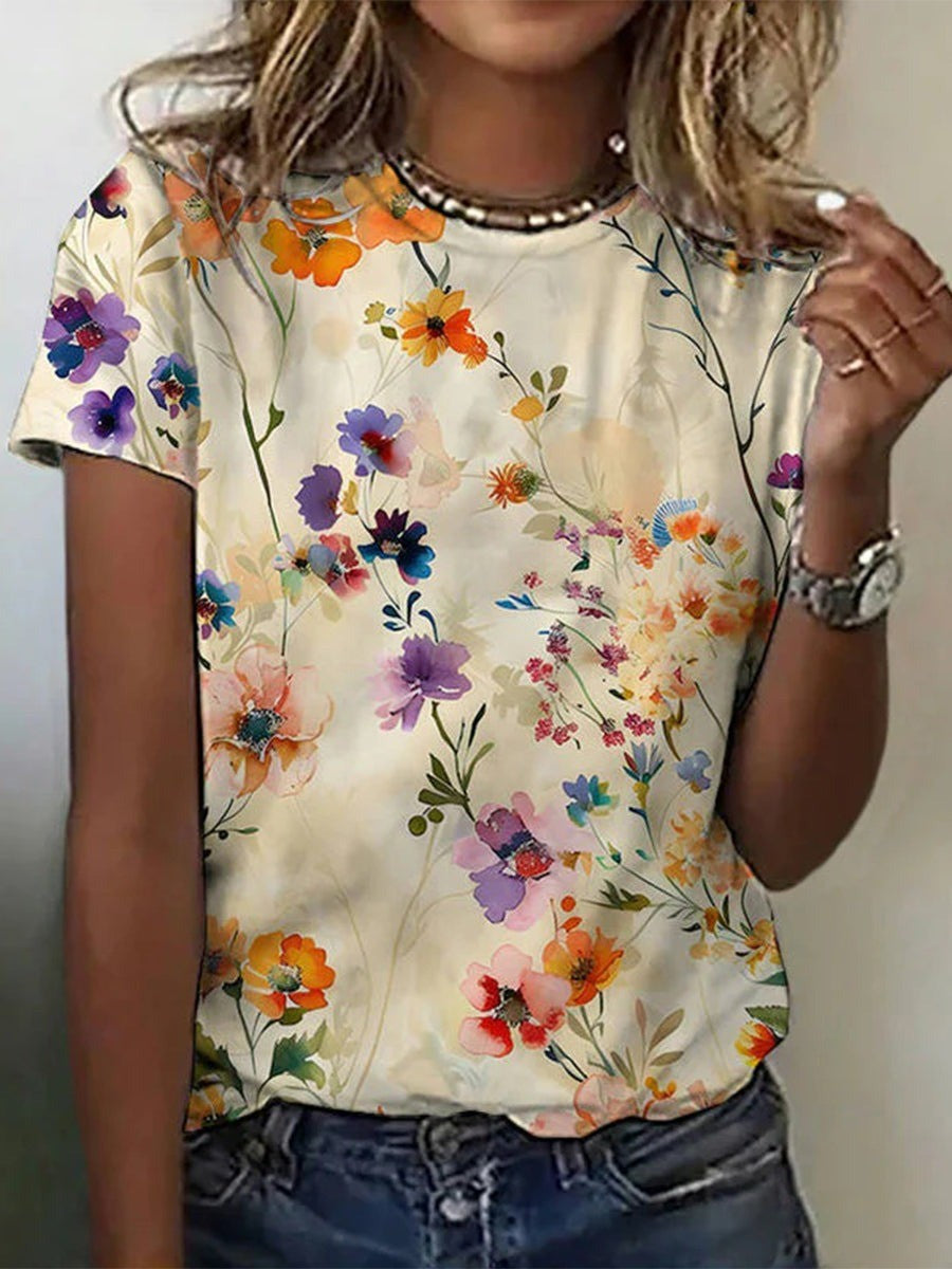 Women's Retro Floral Top – Crew Neck Short Sleeve Printed Top