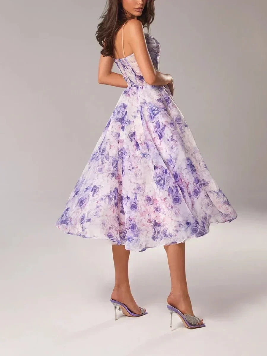 Women's Floral Bandeau Midi Dress – Spaghetti Strap A-Line Cocktail Dress