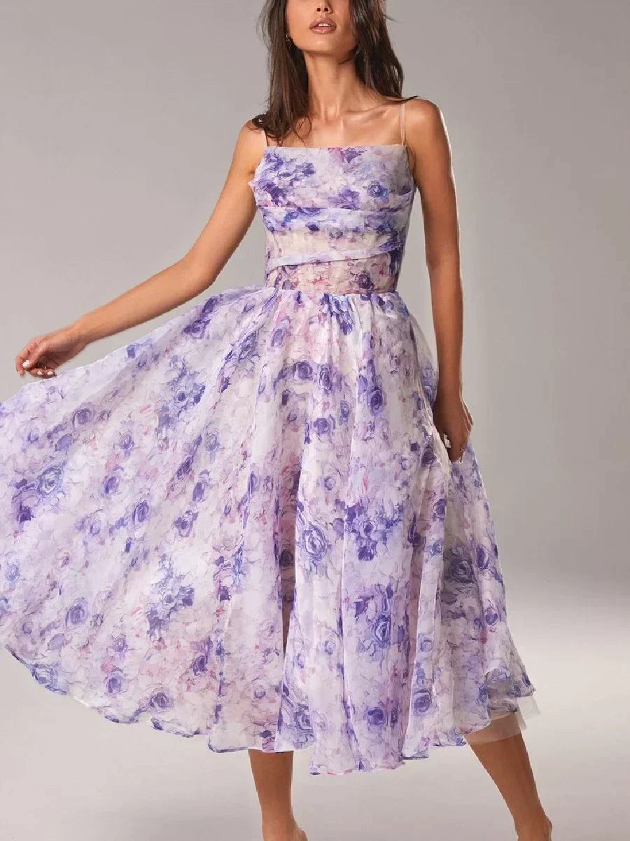 Women's Floral Bandeau Midi Dress – Spaghetti Strap A-Line Cocktail Dress