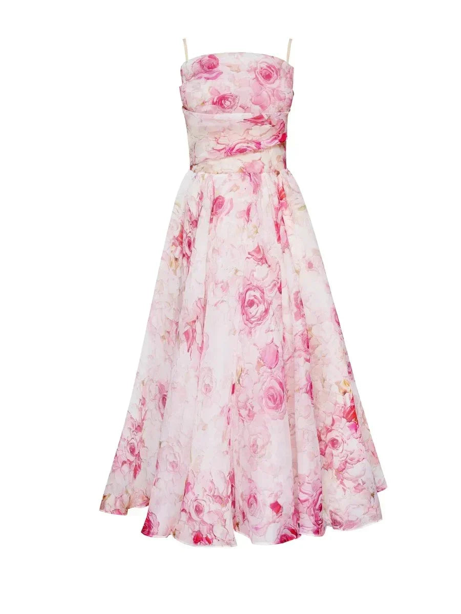 Women's Floral Bandeau Midi Dress – Spaghetti Strap A-Line Cocktail Dress