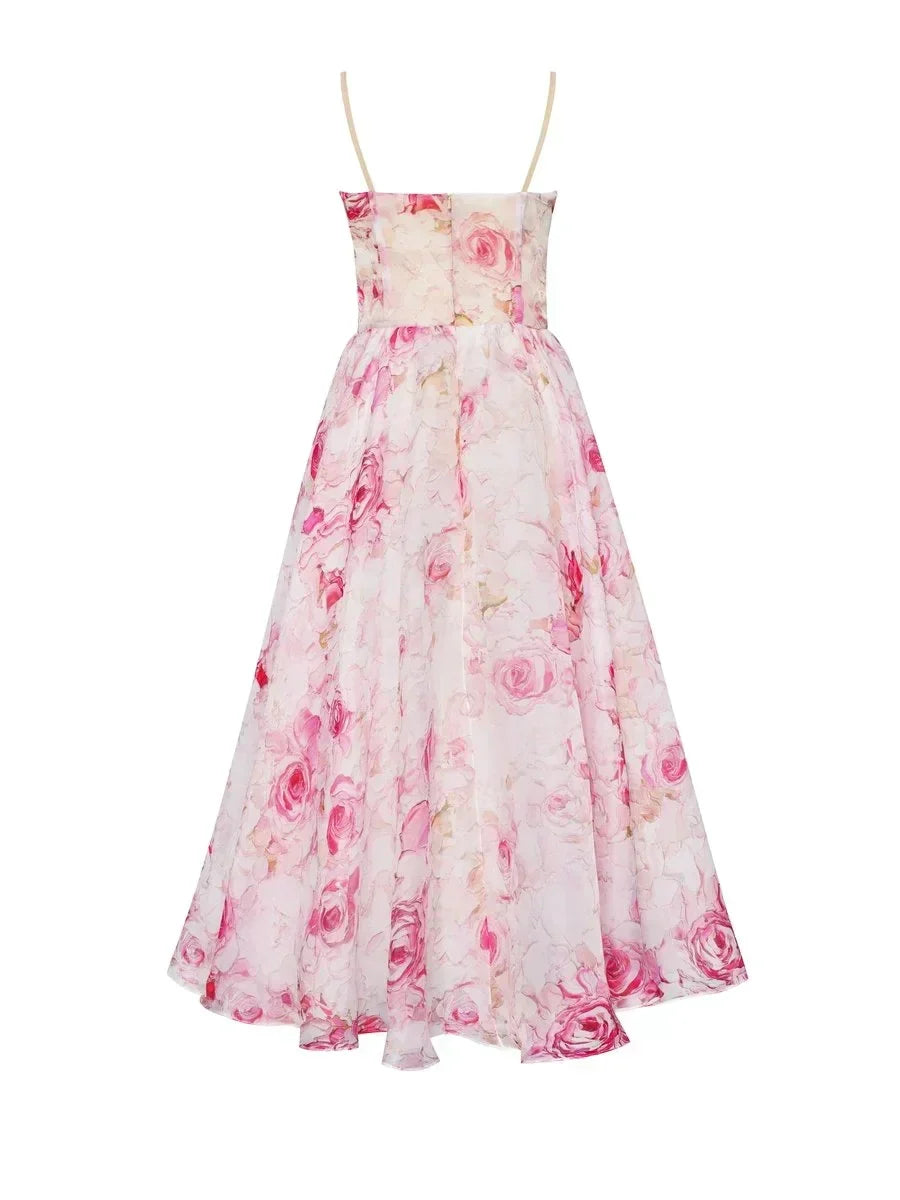 Women's Floral Bandeau Midi Dress – Spaghetti Strap A-Line Cocktail Dress