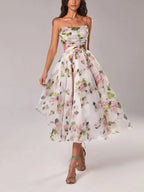 Women's Floral Bandeau Midi Dress – Spaghetti Strap A-Line Cocktail Dress
