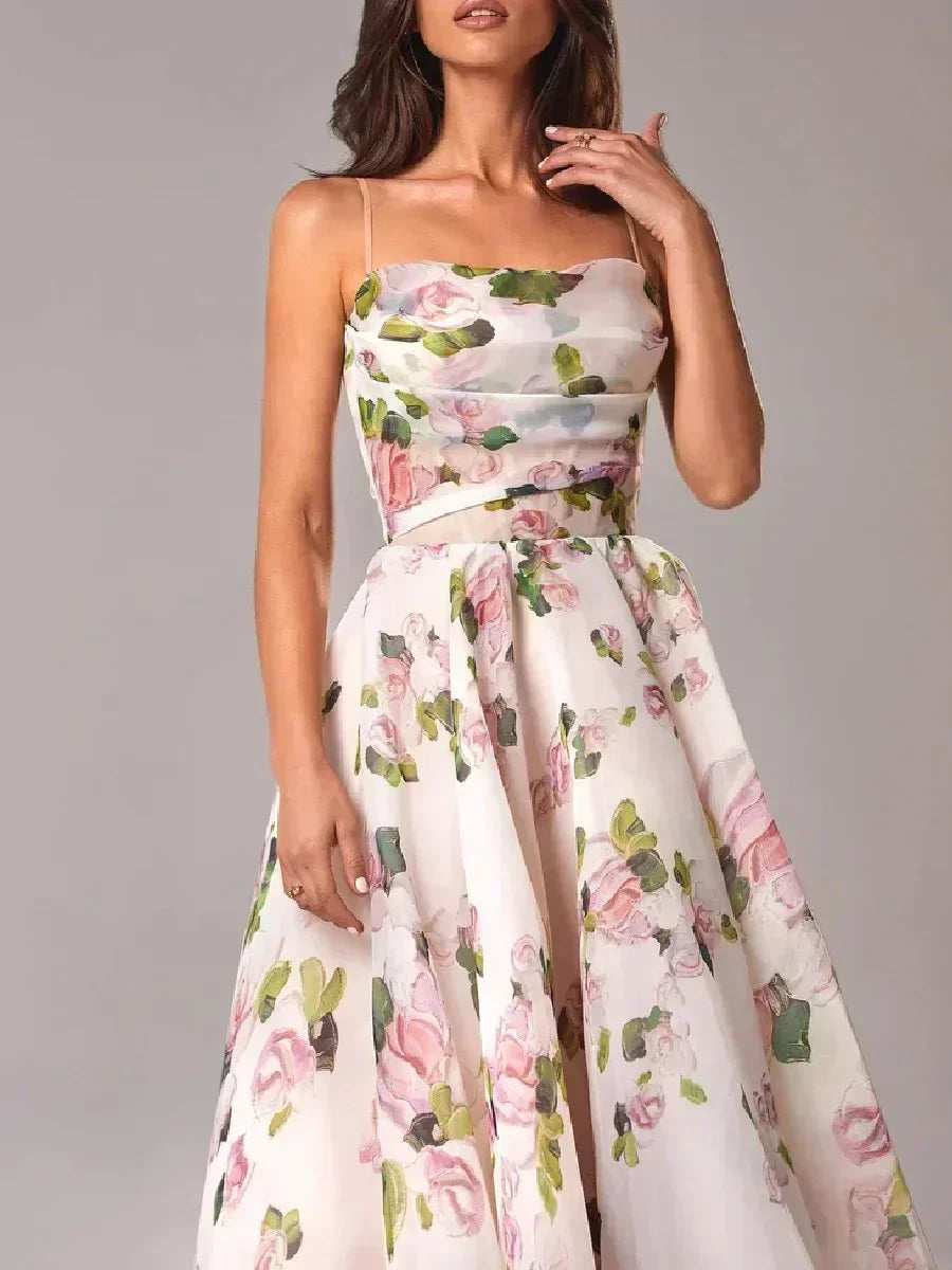Women's Floral Bandeau Midi Dress – Spaghetti Strap A-Line Cocktail Dress
