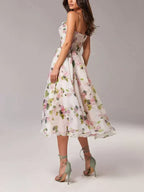 Women's Floral Bandeau Midi Dress – Spaghetti Strap A-Line Cocktail Dress