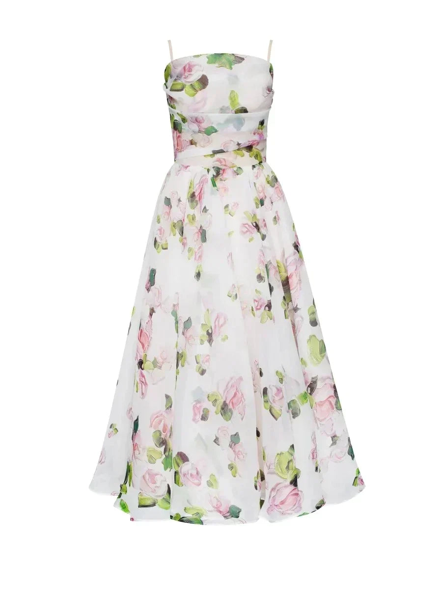 Women's Floral Bandeau Midi Dress – Spaghetti Strap A-Line Cocktail Dress