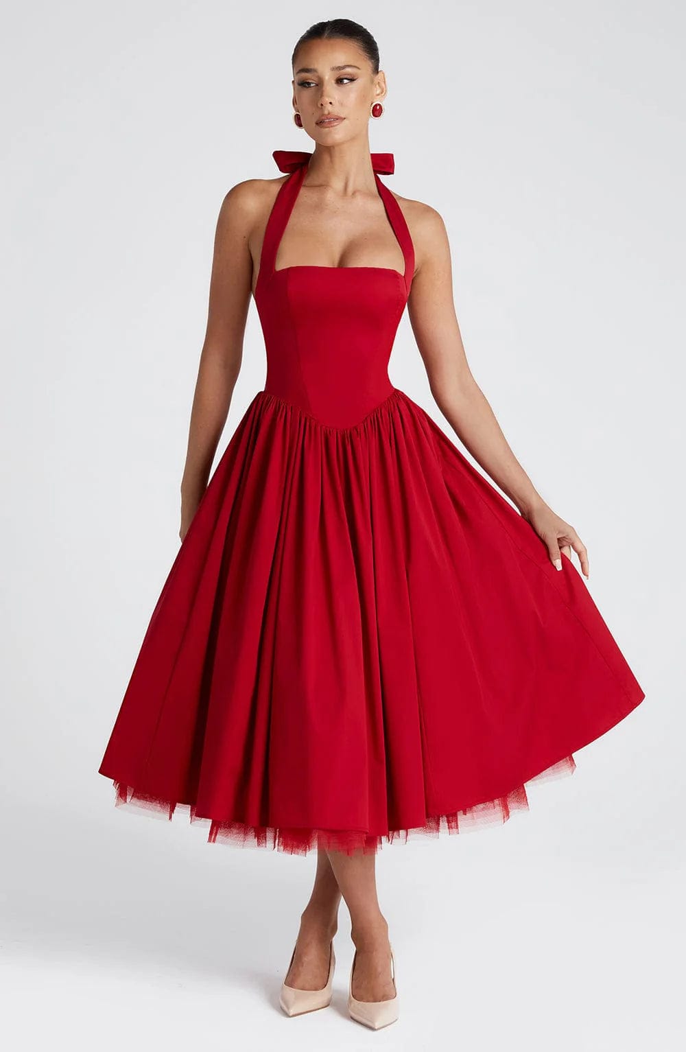 Women's Halter Neck Cocktail Midi Dress – Corset Back Pleated Dress