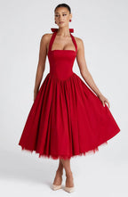 Women's Halter Neck Cocktail Midi Dress – Corset Back Pleated Dress