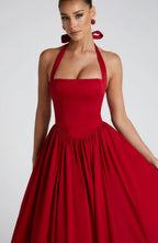 Women's Halter Neck Cocktail Midi Dress – Corset Back Pleated Dress
