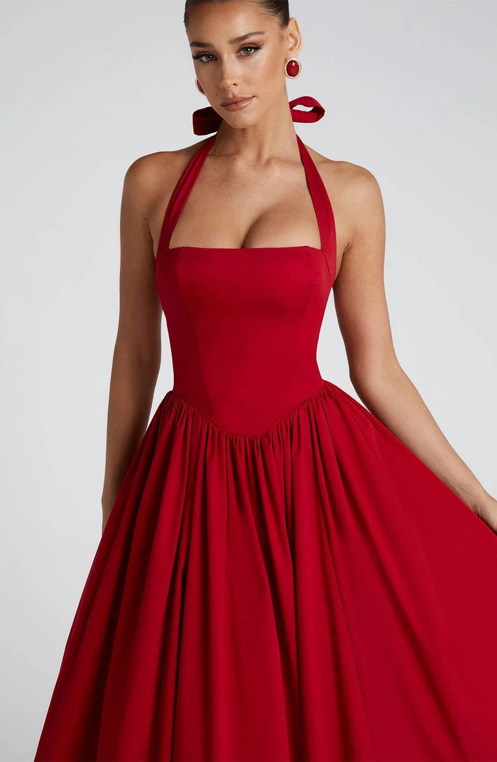 Women's Halter Neck Cocktail Midi Dress – Corset Back Pleated Dress