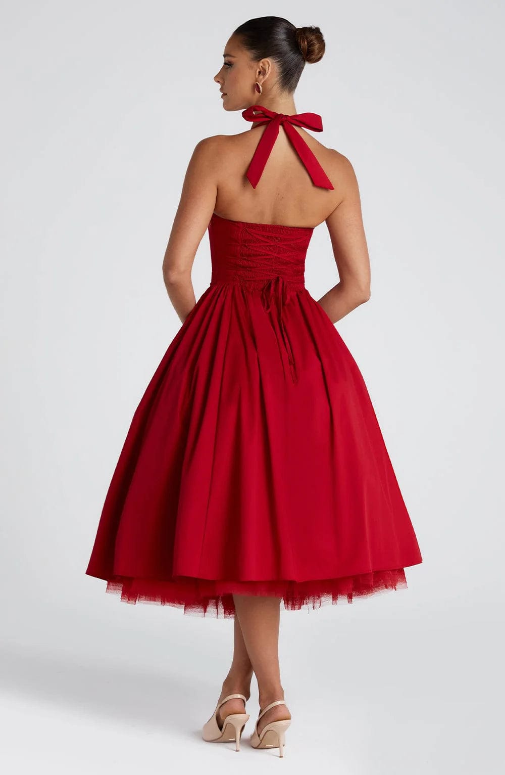 Women's Halter Neck Cocktail Midi Dress – Corset Back Pleated Dress